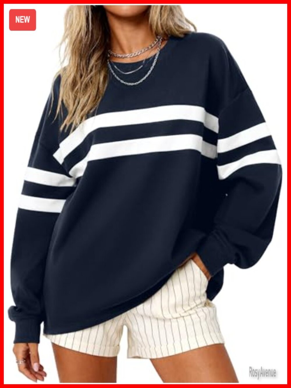 Women's Oversized Striped Crewneck Sweatshirt Long Sleeve Pullover